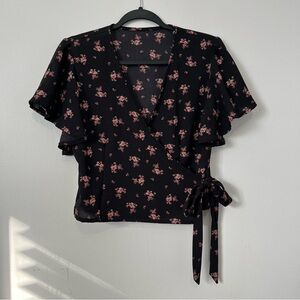 Floral Wrap Top - Black and Pink